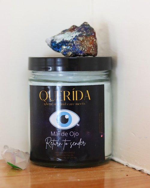 Evil eye candle, Hamsa, crystal